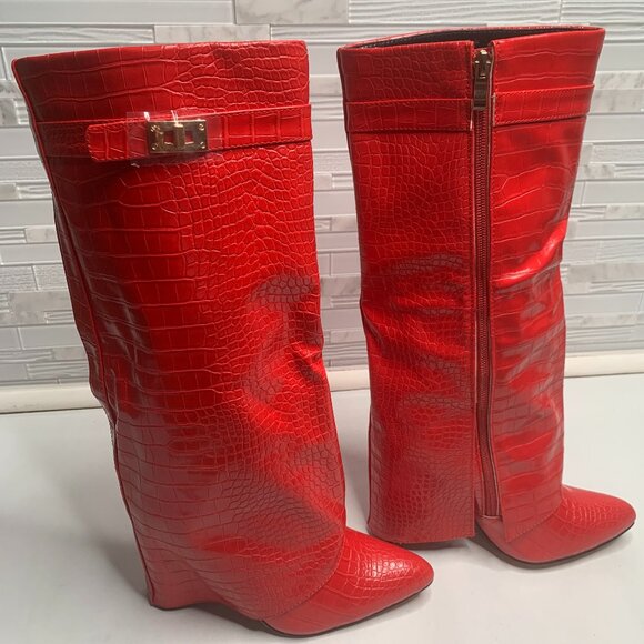 Women Faux Leather Knee High Boots Fold Over Pointed Toe Gold Hardware - Picture 4 of 8